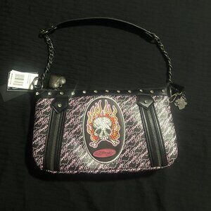 Ed Hardy Women's Pink and Black Skull Mini Shoulder Bag with Rhinestones